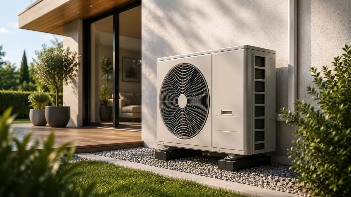 Groupe extérieur de climatisation installé par PCE, terrasse et baie vitrée